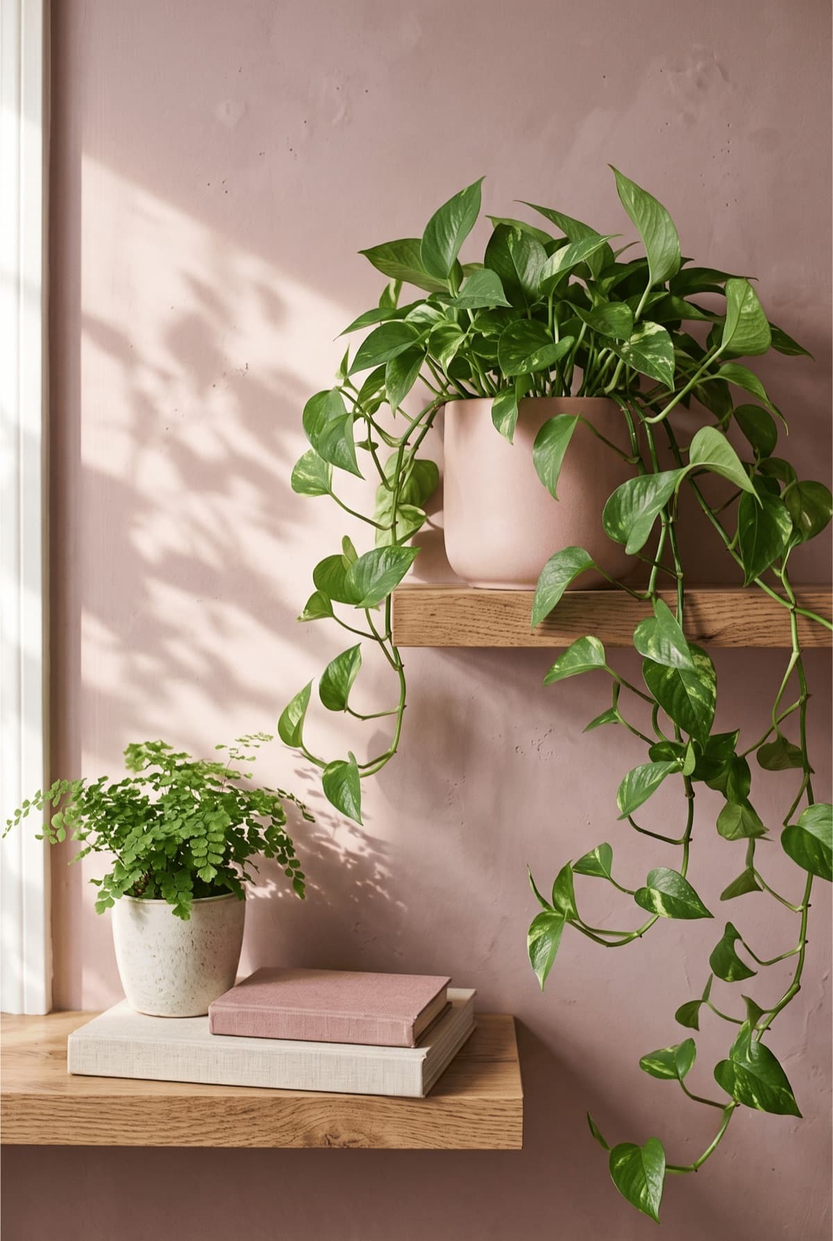 A trailing pothos plant in a blush ceramic pot on a wooden shelf, warm light falling across a soft mauve wall